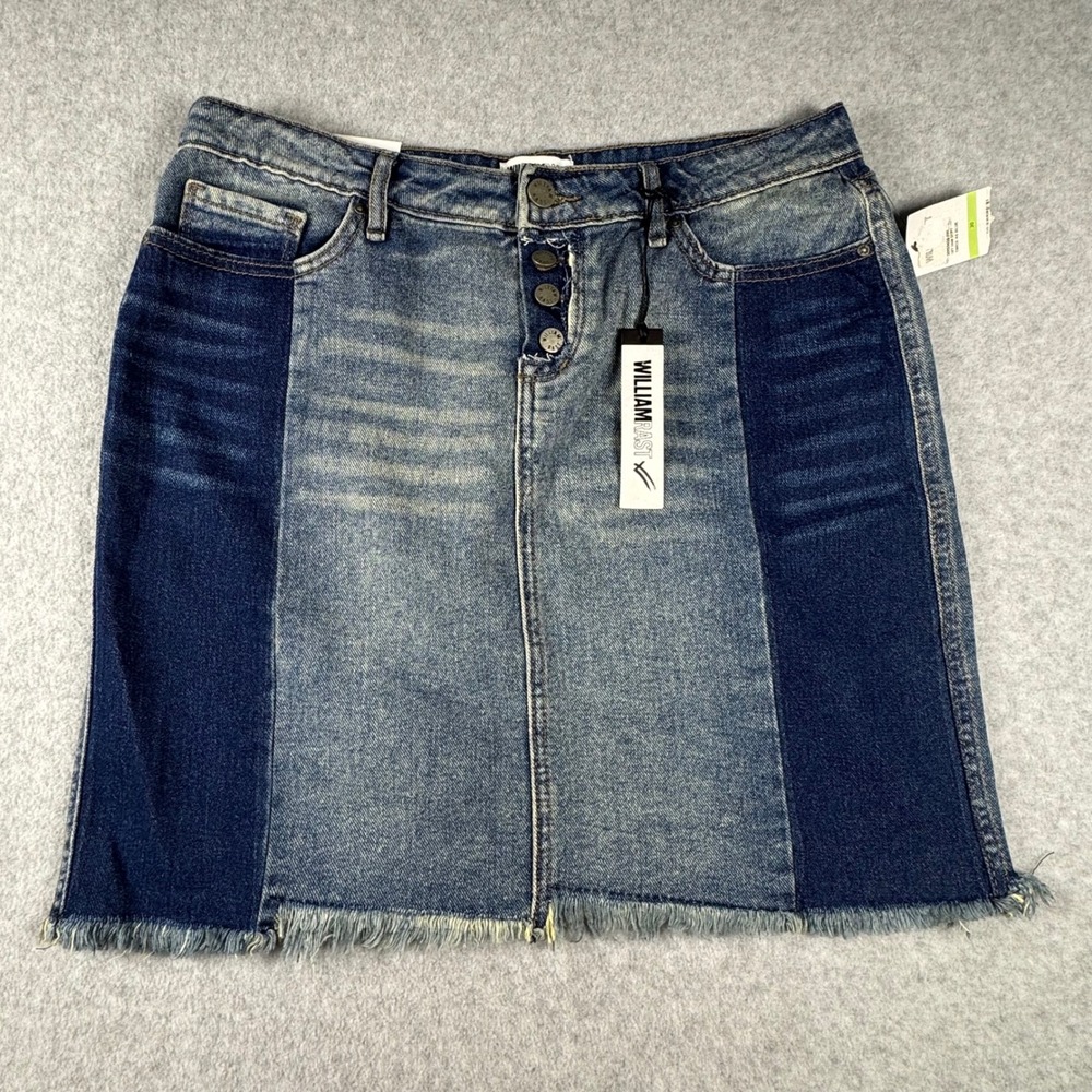 William Rast Two Tone Denim Mini Skirt Frayed Hem Button Fly Blue Size 30 NWT